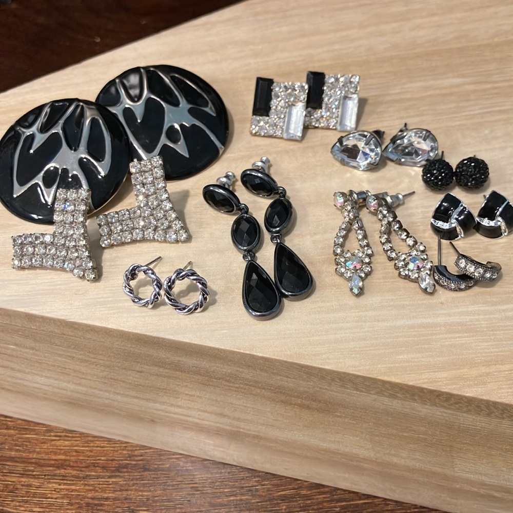 Black and Silver Earrings Bundle of 10 Pairs sparkly rhinestones - Picture 3 of 12